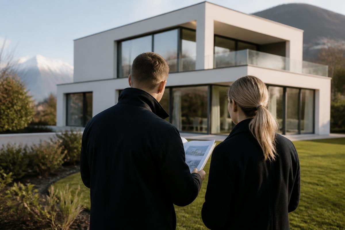 Beratungsgespräch vor einem modernen Einfamilienhaus