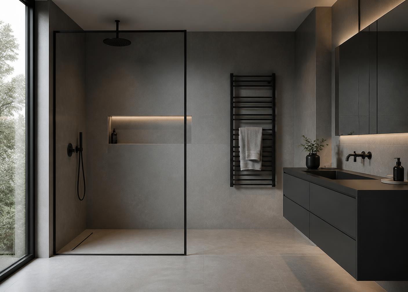 Moderne Nasszelle mit begehbarer Dusche und matt-schwarzen Armaturen
