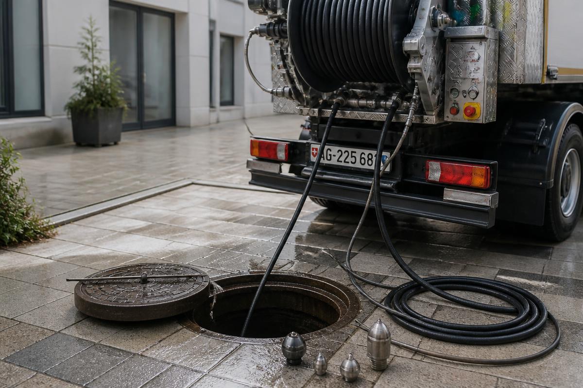 Kanalreinigungsfahrzeug mit Hochdruckschlauch an einem offenen Schacht